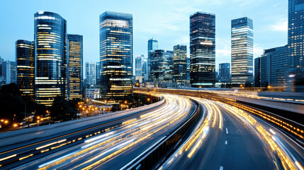 Obraz premium Modern city skyline at dusk with illuminated skyscrapers and light trails from vehicles