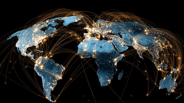 A map or globe overlay illustrating interconnected remote workers from various countries, symbolizing global digital collaboration and connectivity