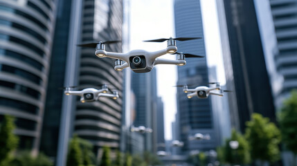 Drones flying in modern city skyline, showcasing advanced technology and urban innovation