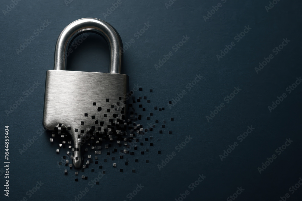 Poster metallic padlock melting into small cubes symbolizes cybersecurity challenges and data breach risks 