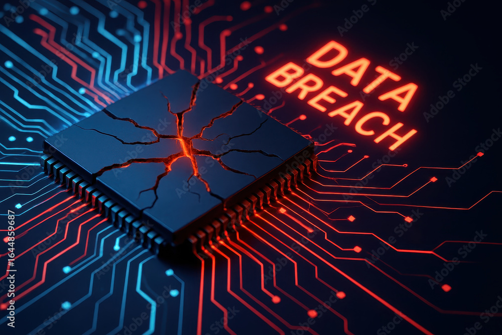 Aufkleber data breach warning highlights cybersecurity risks with cracked microchip symbolizing network securi