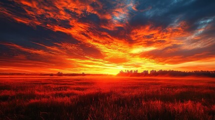 Fototapeta premium A vibrant sunset over a field with orange and dark clouds creating a dramatic and colorful landscape view