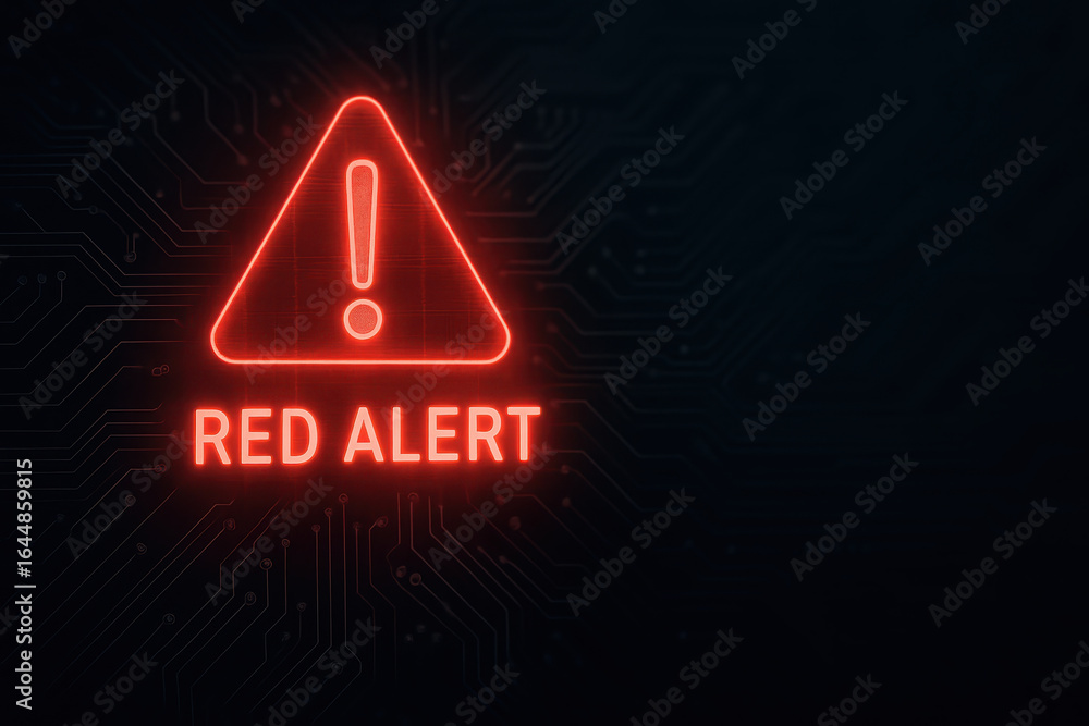 Aufkleber red alert warning symbol glows red on dark background representing cybersecurity threat and network 