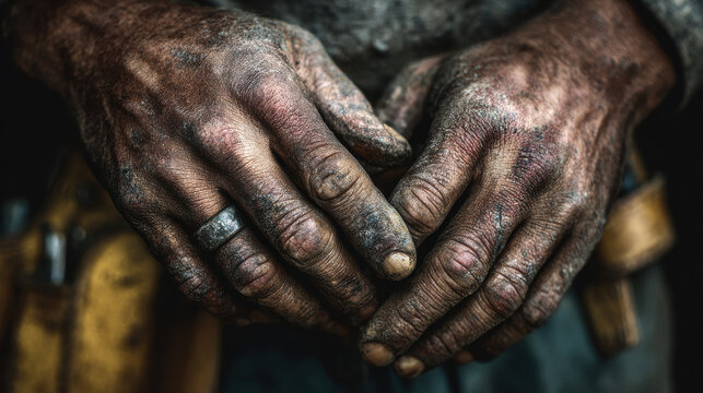Close-up of dirty, calloused hands of a hard-working man.