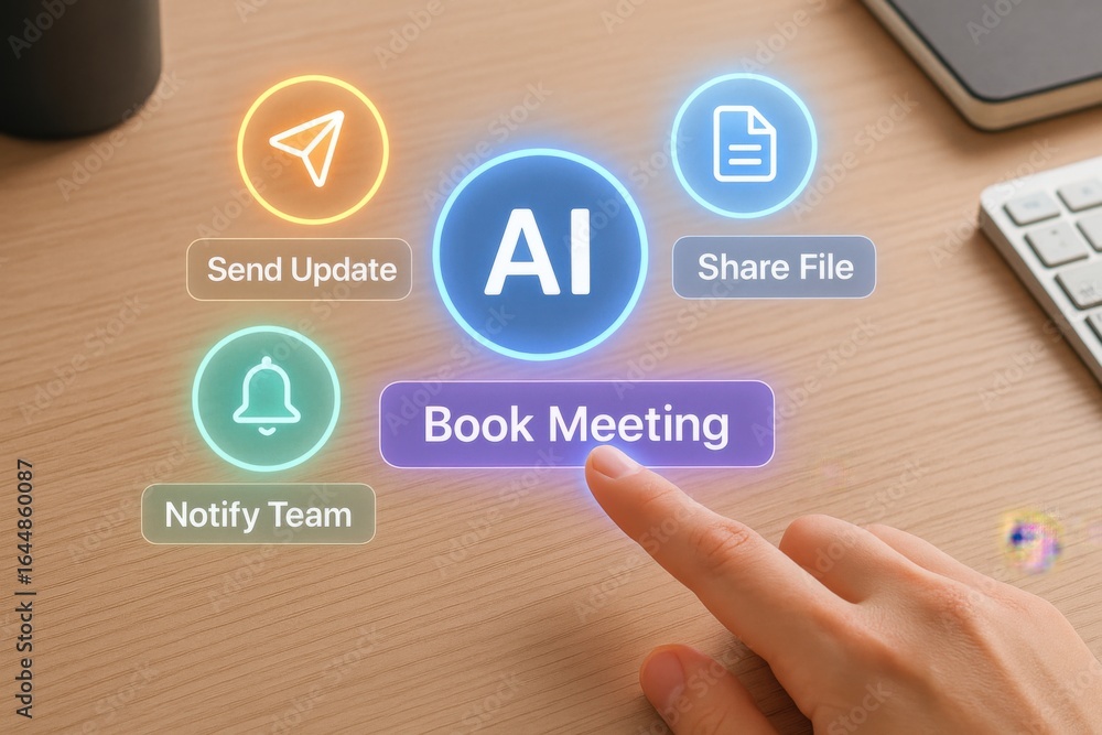 Poster ai business assistant interface with book meeting, notify team, share file and send update options