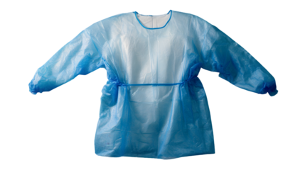 A light blue disposable gown with sleeves and a tie around the waist on a black background