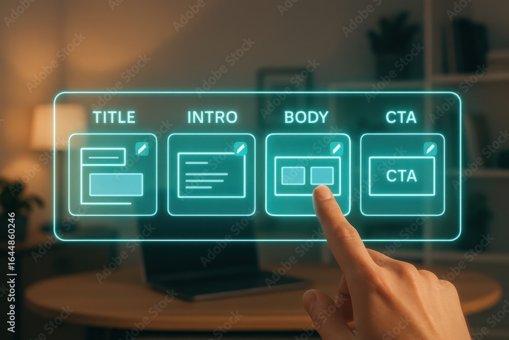 Poster futuristic content builder ui with title, intro, body and cta section templates