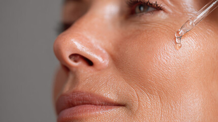 Mature woman's face with a cosmetic serum dropper applying liquid.