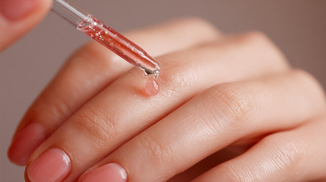 Close-up of woman's hand applying pink serum with a dropper.