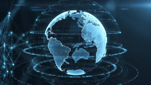 Rotating glowing digital earth globe with network connections and data rings - Powered by Adobe