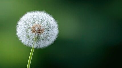 A close-up of a dandelion seed head against a soft, blurred green background.