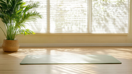 Eco friendly yoga mat on bamboo floor with sunlight and plant shadows creating serene atmosphere