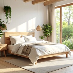 Sunlit bedroom with light wood furniture, plants, and large windows overlooking a garden