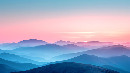 Obraz premium Beautiful mountain range landscape with pink sunset or sunrise and blue gradient.