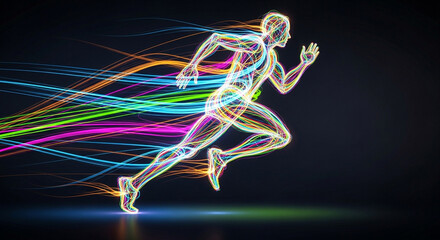 An anatomical figure of a man running, glowing with vibrant energy and leaving colorful light trails symbolizing speed and performance.