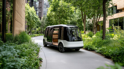 Modern electric shuttle van navigates through lush campus greenery, showcasing sustainable