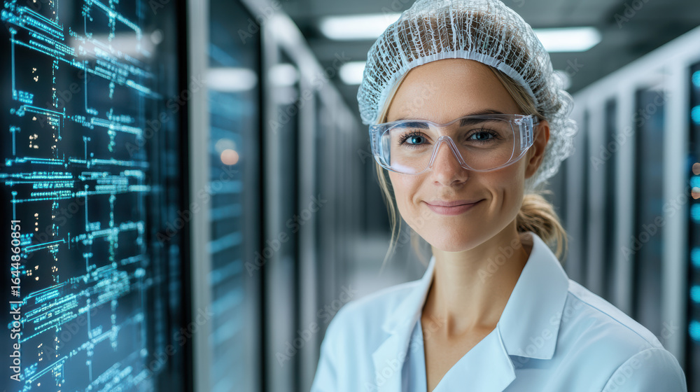 Poster optimizing neural networks, confident engineer in data center, smiling with safety gear