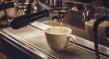 Espresso Machine Pouring Fresh Coffee into a White Ceramic Cup, Close-Up
