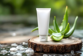 Face Scrub Tube with Aloe Vera on Rustic Wooden Surface by Water