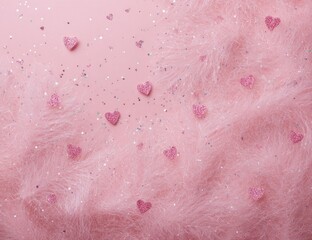 Fototapeta premium Pink fluffy texture, scattered hearts and glitter