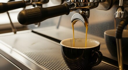 Espresso machine pouring golden coffee into a black ceramic cup on a metal drip tray.