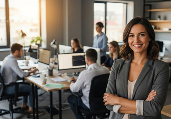 Confident businesswoman with team working in open office space