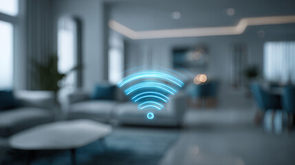Naklejka premium Thin outlined blue Wi-Fi symbol in a blurred cozy living room.