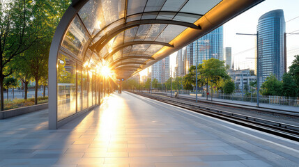 Sunlight shines through modern tram station at golden hour, surrounded by urban buildings