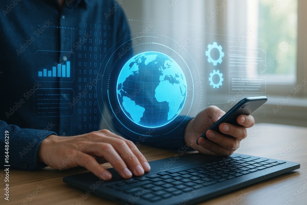 Aufkleber global tech communication dashboard with data, connectivity and mobile access insights
