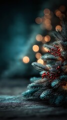 Christmas tree and lights. Festive Evergreen Branch with Bokeh Lights and Red Berries. Vertical Background with copy space.