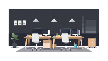 Office space interior design with desks chairs computers and lighting for business and coworking area