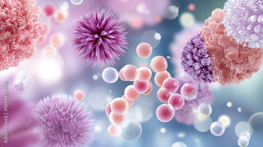 Poster abstract representation of colorful microorganisms and cells in a vibrant, ethereal background with 