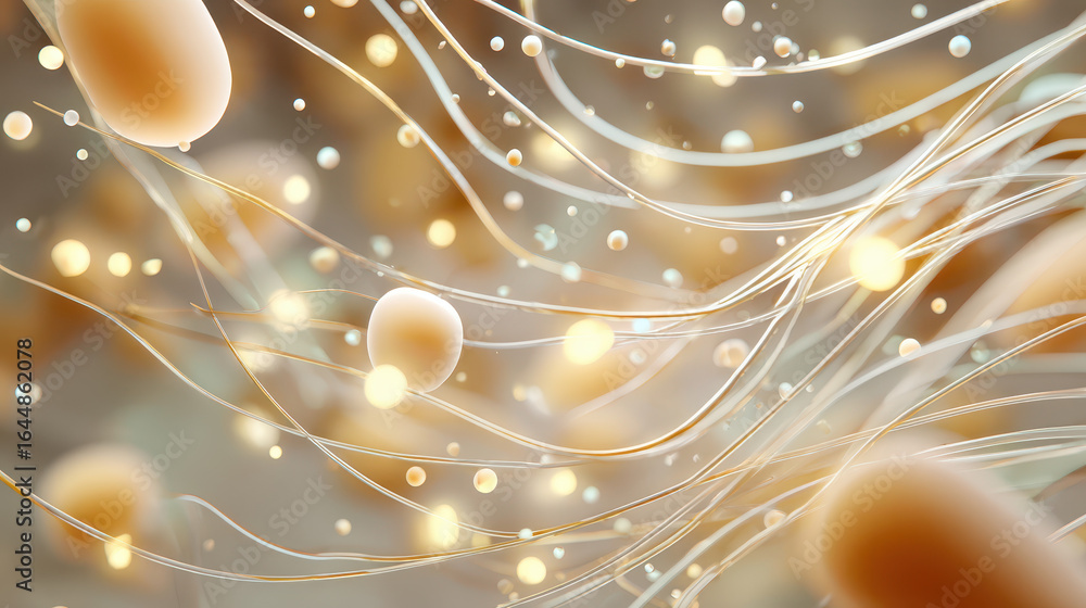 Poster abstract representation of microscopic organisms and their environment, showcasing surreal shapes an