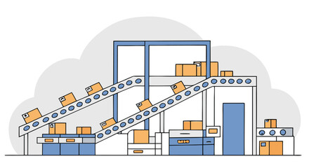 Illustration of a package conveyor system in an automated warehouse, showcasing efficiency and modern logistics.
