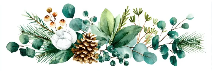 Wanddecoratie Jungle Watercolor Christmas Greenery. Winter Bouquet with Green Foliage, Mistletoe, Pine Cone, and Eucalyptus. Festive Decoration for Wedding, Business Card, Promotions  © Oleksandr