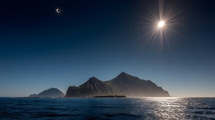 Solar eclipse over a coastline with mountains.