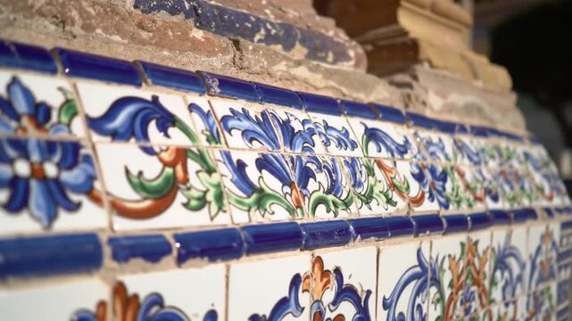 Close up of traditional blue and white ornamental ceramic tiles