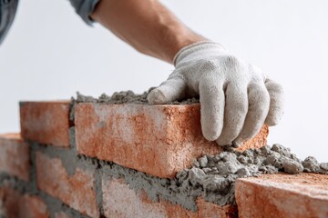 Skilled Worker Laying Brick with Mortar for Construction Project