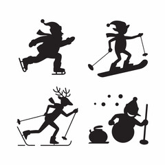 Fototapeta premium Christmas characters engaged in winter sports on a white background Keywords: christmas, winter, sports, skating, skiing, snowboarding, curling, snowman