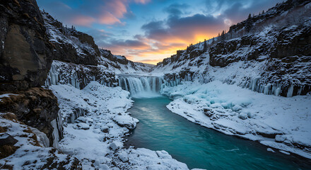 A frozen waterfall cascades through a snowy canyon in iceland during a colorful winter sunset