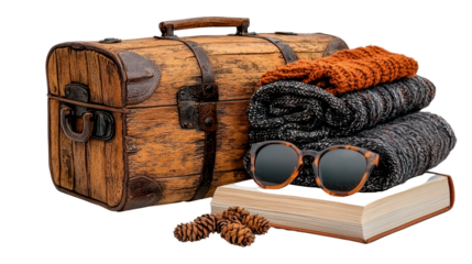 Vintage Wooden Chest with Autumnal Sweaters and Accessories