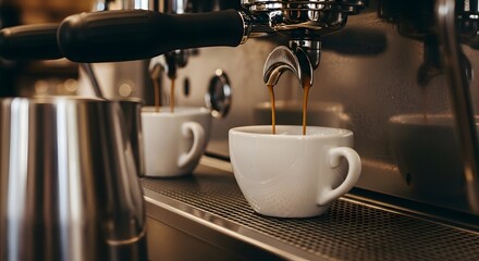 Espresso machine pouring rich, dark coffee into a white ceramic cup, with a blurred cup in the background.