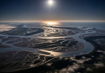 Aerial View of River Delta at Sunset with Starry Sky and Clouds