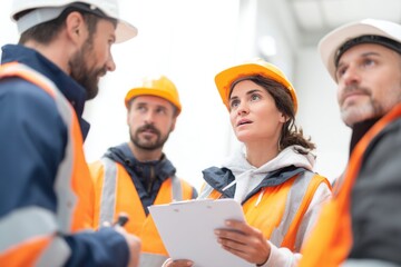 Team of Construction Workers Discussing Safety Protocols Indoors