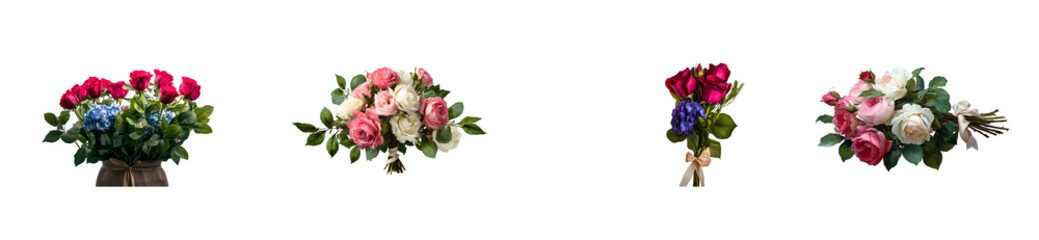 Collection of Rose and Hydrangea Bouquets with Ribbons on Black, cut out transparent