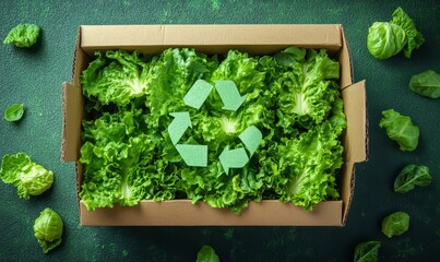 Eco-friendly cardboard box with the recycling symbol, filled with fresh, vibrant lettuce, representing sustainable packaging solutions and the organic food movement, Generative AI
