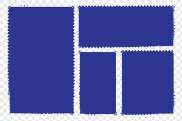 Postage stamp with blank sepia paper design space on transparent background. . Poststamp frames or borders. Rectangle or square template for mail, postcard, note. Jagged wavy edge forms. eps 10