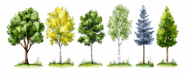 Watercolor Trees Illustration with Transparent Background in Green Yellow and Blue Tones