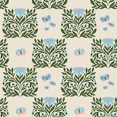 Hand drawn pattern with abstract flowers and butterflies. Vector illustration. Design for wallpaper, wrapping paper, clothing, cards and invitations. Vintage hand drawn art.