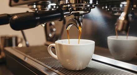 Espresso Pouring into a White Cup, Close-up View of Coffee Machine